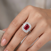 Dazzling 925 Sterling Silver Ruby-Tone Halo Ring with Sparkling Accents